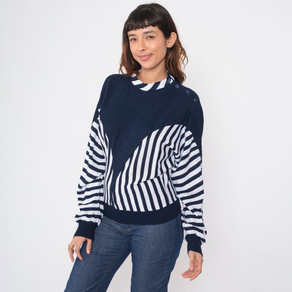 80s Striped Sweater Blue White Colorblock Knit Pu… - image 5