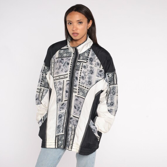 Floral Windbreaker Jacket 90s Black White Color Block Jacket Nylon Hipster Zip Up Vintage 1990s Extra Large xl 1x