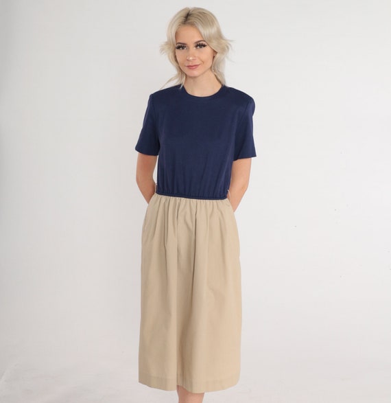 80s Midi Dress Color Block Dress Navy Blue Tan Short Sleeve High Waisted Retro Minimalist Simple Plain Solid Khaki Vintage 1980s Medium