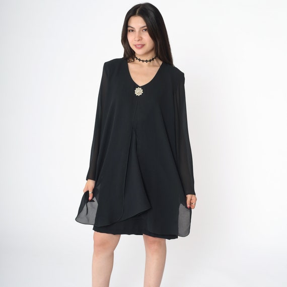 Black Chiffon Dress 90s Shift Mini Dress Long Sleeve Party Dress Pearl Brooch Plain Front Slit 1990s Simple Dress Cocktail Vintage Medium