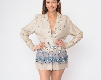90er Floral Blazer Beige Blumen Print Jacke Baumwolle Büro Arbeitsjacke Adretter Blaue Blumen Print Retro Strukturiert Vintage 1990s Viskose Medium M