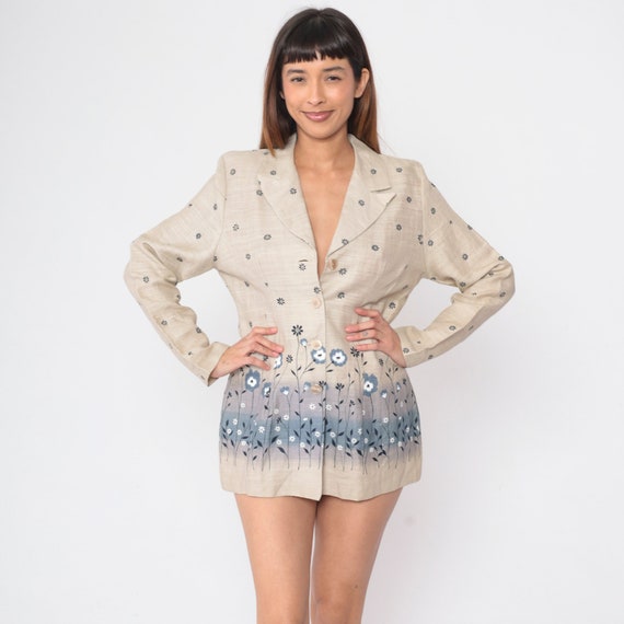 90s Floral Blazer Beige Flower Print Jacket Cotton Office Work Jacket Preppy Blue Flower Print Retro Structured Vintage 1990s Rayon Medium M