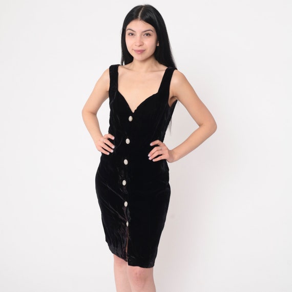 Velvet Mini Dress 90s Black Button Up Party Dress Bodycon Sheath Sweetheart Neckline 1990s Vintage Gothic Sleeveless Minidress Medium 7