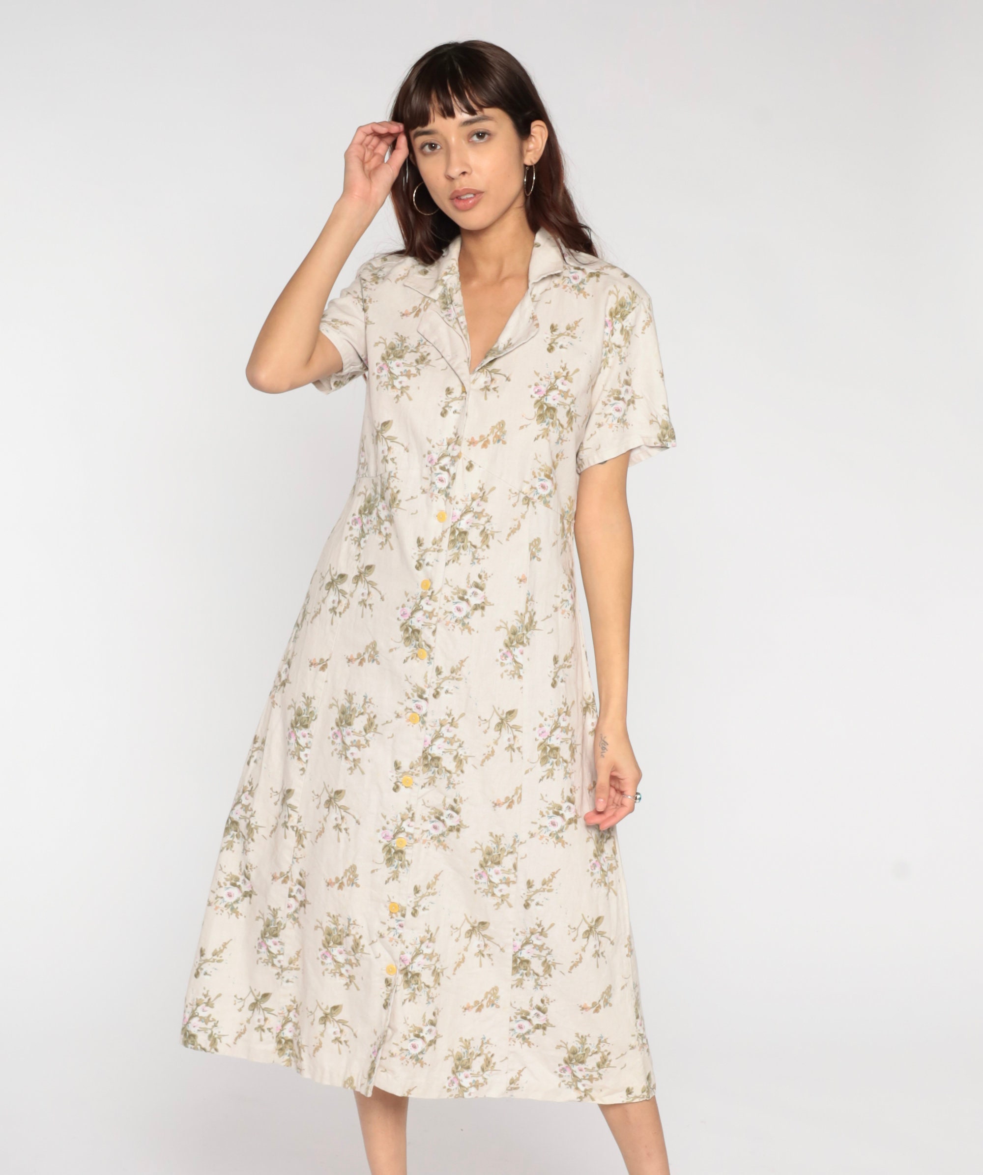 Floral Midi Dress 90s Beige Linen Cotton Dress Button Up Boho ...