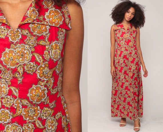 70s Maxi Dress Paisley Print Psychedelic Boho Dress High Waisted 1970s Hippie Vintage Bohemian Seventies Sleeveless Red Small Medium