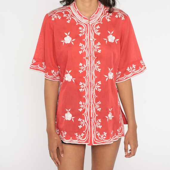 Vintage red floral button shirt cotton... M-L