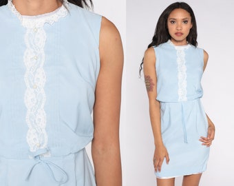 60s Mini Dress Baby Blue Mod Dress Lace Trim 70s Gogo High Waist 1960s Pastel Vintage Sixties Twiggy Sleeveless MiniDress Extra Small xs