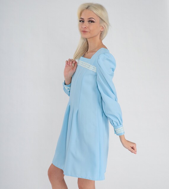Blue Mini Dress 70s Puff Sleeve Pleated Dress Lac… - image 6