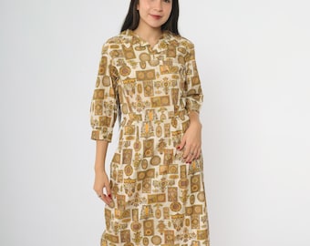 60s Medallion Dress Novelty Print Brown Orange Print Quarter Sleeve Collar Button Midi Mod Psychedelic Fashion Firsts Vintage Large L