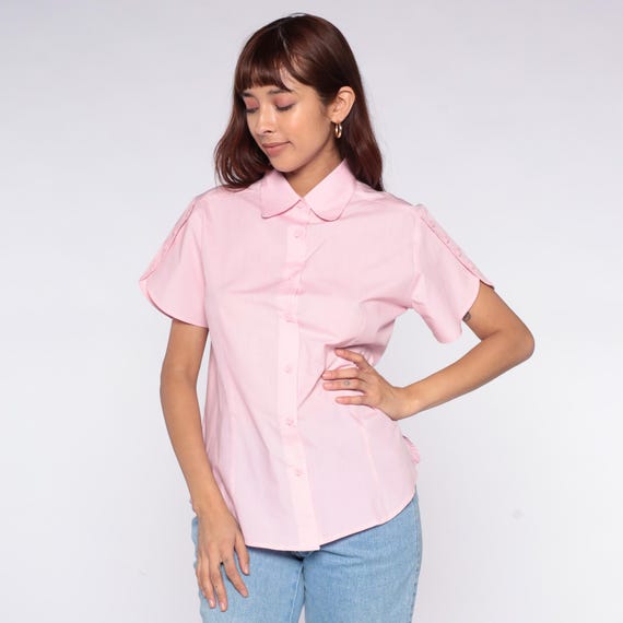 80s Pink Blouse Peter Pan Collar Short Sleeve Pastel Preppy Office Work Shirt Professional Vintage Light Academia Clean Girl Kawaii Medium M