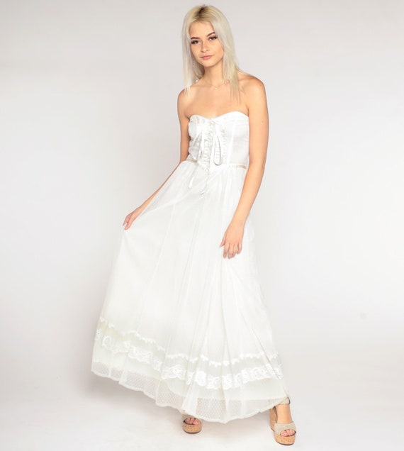 Vintage Wedding Dress 70s White Lace Maxi Dress P… - image 3