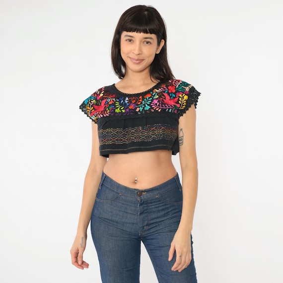 Vintage Black Mexican Crop Top Floral Cropped Embroidered Blouse Birds Hippie Boho Festival Peasant Shirt Cotton Bohemian Tent Retro Small S