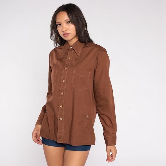 70s Western Button Up Chocolate Brown Vintage Contrast Stitch Shirt Pointed Collar Workwear Style Boxy Fit Medium M
