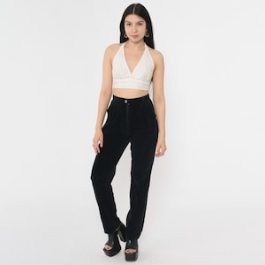 Vintage Black Velvet Pants 80s High Waisted Trousers Pleated Tapered Leg Slacks Goth Grunge Plain 1980s Extra Small xs