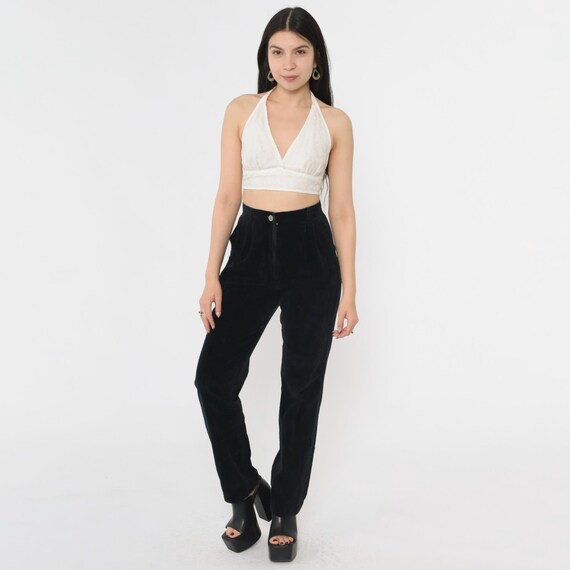 Vintage Black Velvet Pants 80s High Waisted Trousers Pleated Tapered Leg Slacks Goth Grunge Plain 1980s Extra Small xs