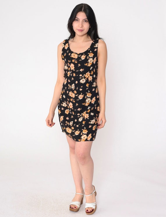 Black Floral Dress 90s Mini Dress Sleeveless Sund… - image 5