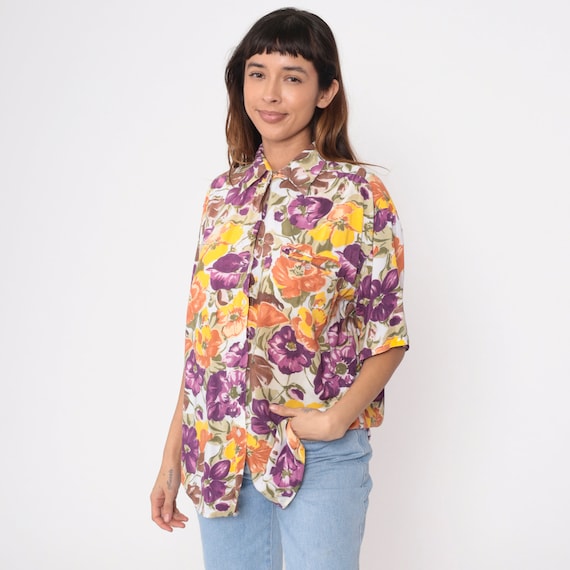 Multicolor Floral Blouse 90s Rayon Watercolor Button Up Shirt Retro Short Sleeve Top Casual 1990s Vintage Brown Purple Oversized Large L