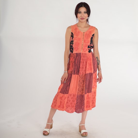 Indian Embroidered Dress 90s Patchwork Floral Midi Peasant Hippie Sundress Plaid Print Orange Sleeveless Summer Vintage 1990s Medium