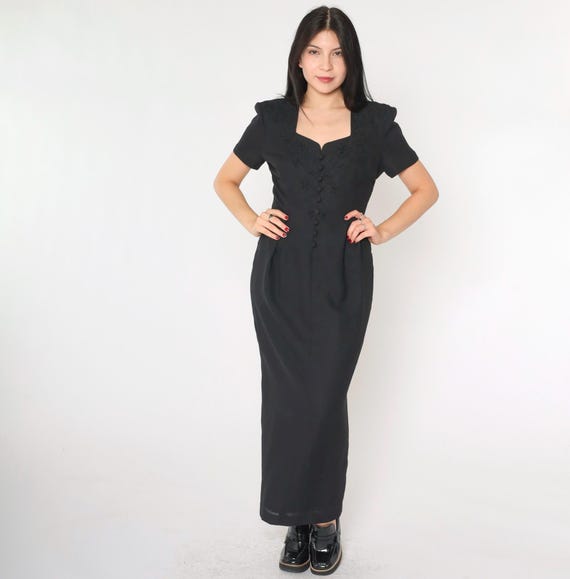 90s Black Beaded Dress Soutache Maxi Dress Grunge Short Sleeve Button Up 1990s Vintage Goth Party Evening Dress Bohemian Small 6