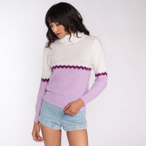 Purple Striped Sweater 70s Sweater Knit Pullover Mock Neck Sweater Lavender 80s Bohemian Hippie Vintage Small image 3