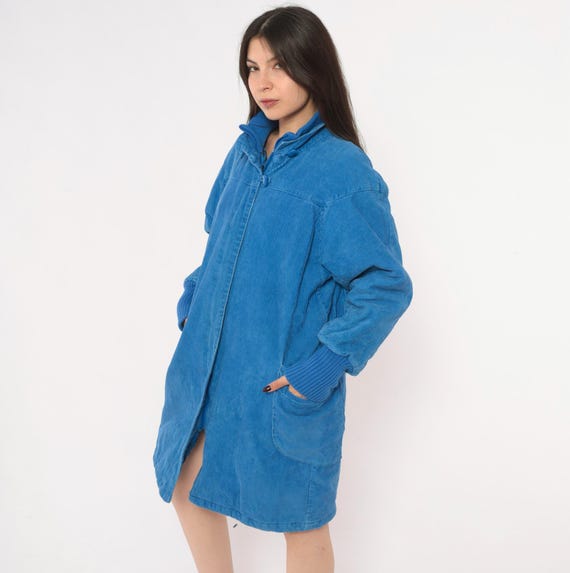 80s Corduroy Coat Blue Zip Front Long Jacket Stand Collar Ribbed Cuff Patch Pocket Batwing Winter Parka Windy Weather Womens Vintage Large L