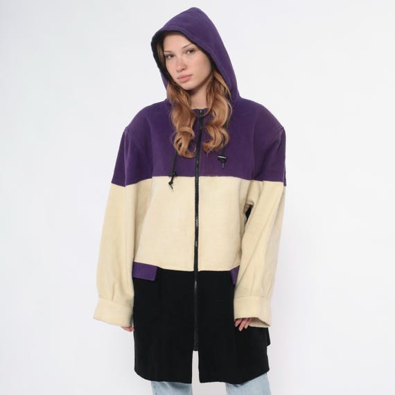 Colorblock Hooded Jacket 90sZip Purple Cream Black Wool Blend Fleece Coat Minimalist Outdoor Gorpcore Vintage Drawstring Extra Large XL