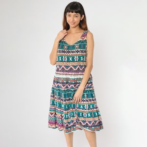 Vintage 90s Southwestern Dress Midi Sundress Geometric Patchwork Print Boho Sleeveless Tiered Summer Green Purple 1990s Oversized Small