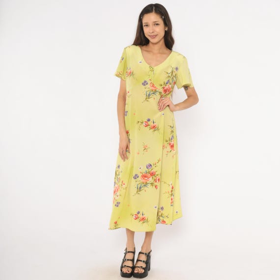 90s Yellow Floral Midi Dress Chiffon Flutter Sleeve Garden Party Cottagecore Sheer Lemon Roses Feminine Spring Summer Vintage Medium M
