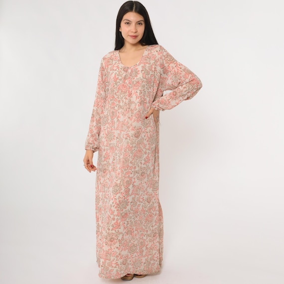70s Floral Maxi Dress Pink Brown Print Long Sleeve Lounge Wear Bohemian Hippie Caftan House Dress Gown Psychedelic Medium Large ML