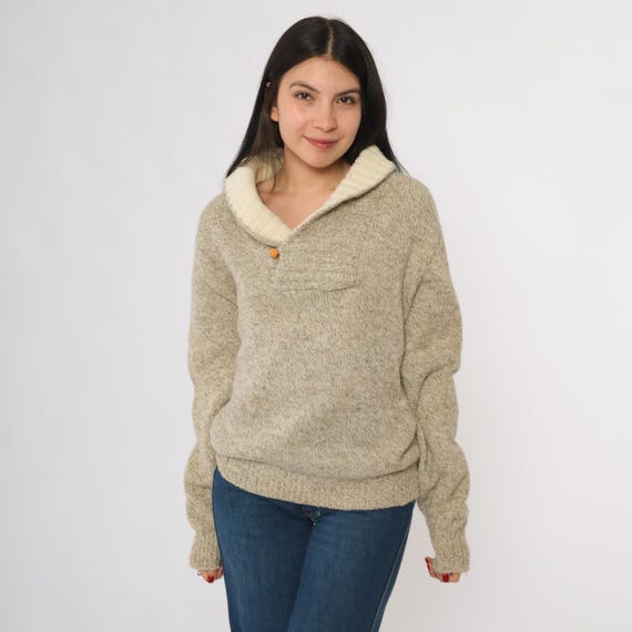 70s Wool Sweater Beige Cream Campus Wool Sweater Winter Cozy Academic Preppy Seventies Ski Lodge Cabin Ski Mountain Unisex Large L