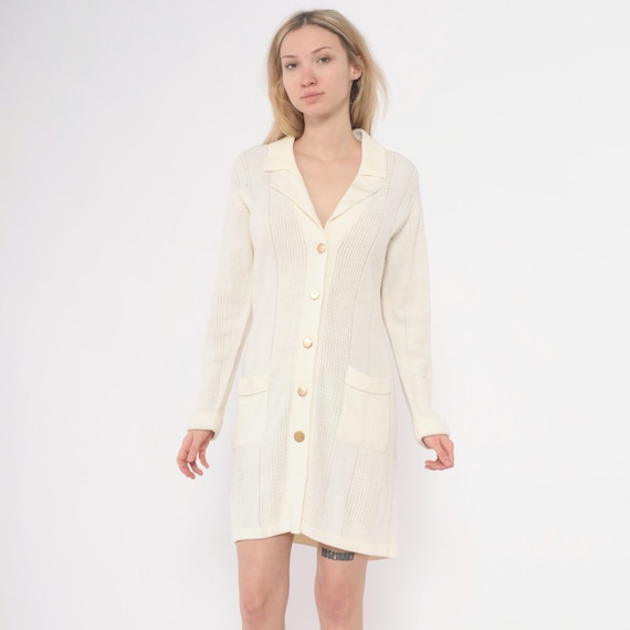 70s Cream Cardigan Sweater Dress Cable Knit Long Sleeve Collared Lapel Style Pockets Off White Beige Vintage Duster Winter Autumn Large L