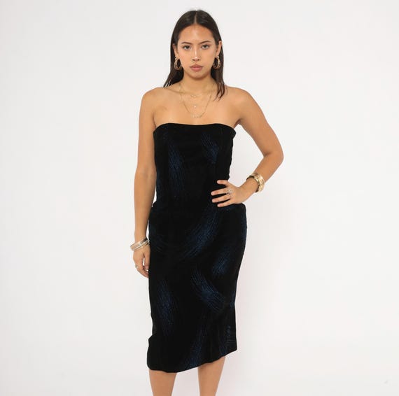 Velvet Strapless Dress 90s A.J. Bari Black Blue Glitter Stripe Cocktail Knee Length Bodycon Evening Party Side Pocket Formal Gown Small S