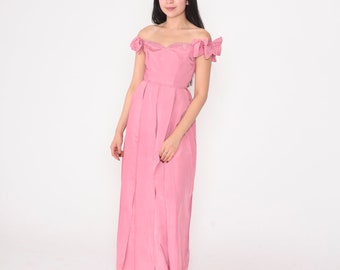 Pink Prom Dress 80s Party Dress Off Shoulder Bow Sleeve Princess High Waist Maxi Long Pleated Retro Formal Gown Vintage 1980s Extra Small xs