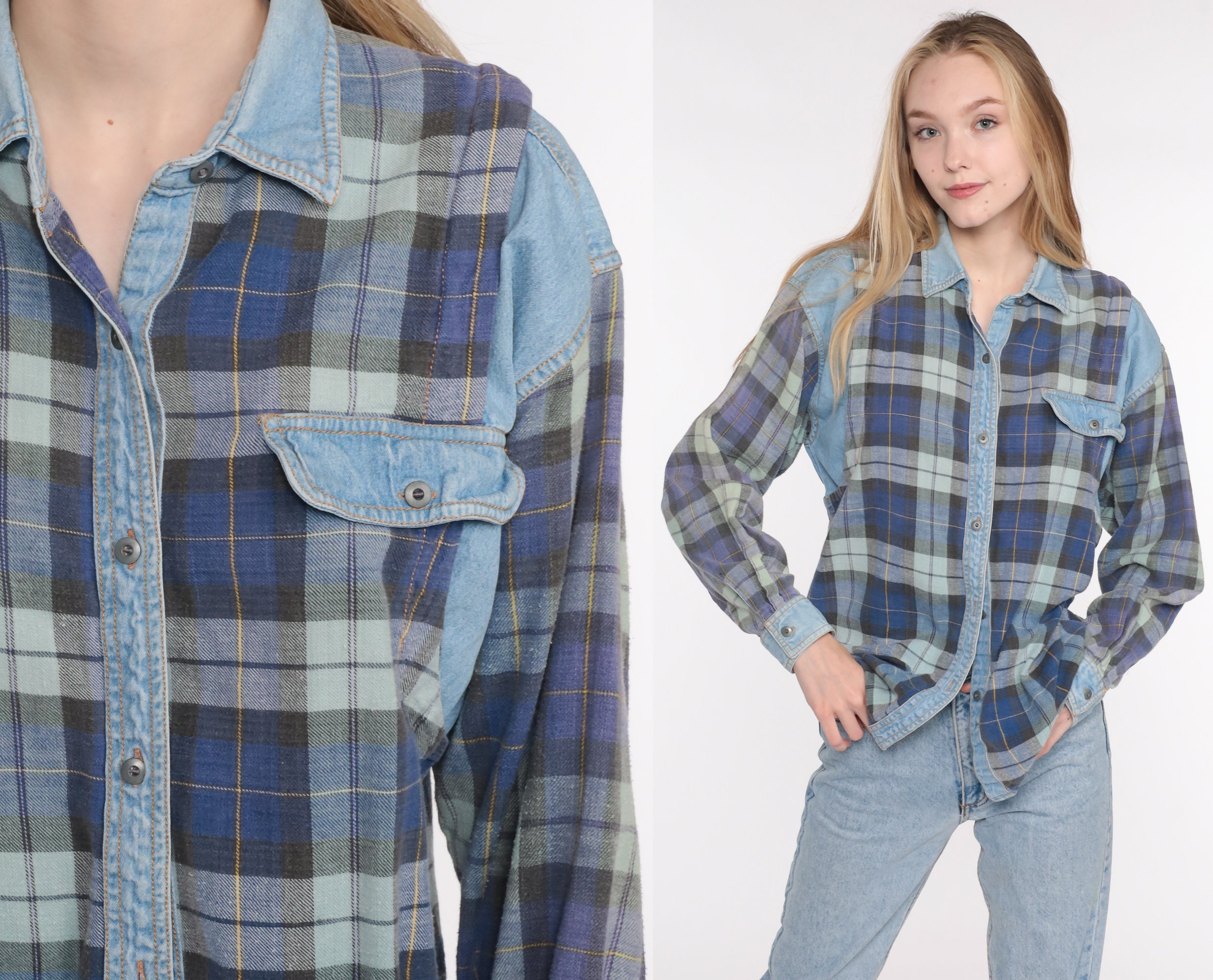 Checkered Denim Shirt 90s Plaid Shirt 