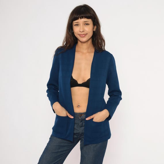70s Navy Open Front Blazer Collarless Cardigan Jacket Navy Blue Patch Pocket Structured Coat Minimal Tailored Office Wear Vintage Small S