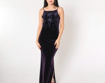 Vintage Purple Velvet Dress 90s Glitter Floral Maxi Party Spaghetti Strap Sparkly Side Slit 1990s Goth Cocktail Small Medium