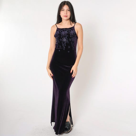 Vintage Purple Velvet Dress 90s Glitter Floral Maxi Party Spaghetti Strap Sparkly Side Slit 1990s Goth Cocktail Small Medium
