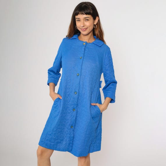 Vintage Blue Quilted Robe 70s Vanity Fair Button up Dressing Gown Sleepwear Winter Pajama Jacket Knee Length 1970s Small Medium