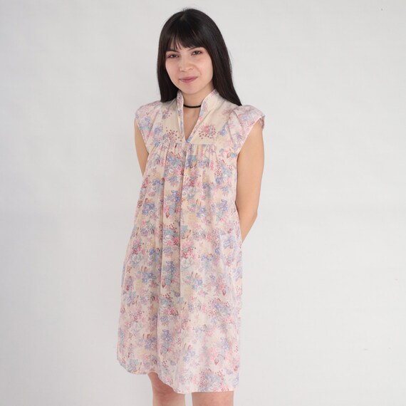Floral Tent Dress 80s Mini Dress Cap Puff Sleeve V Neck Retro Lounge Day Boho Minidress Beige Pink Blue Green Flower Print Vintage 1980s XS