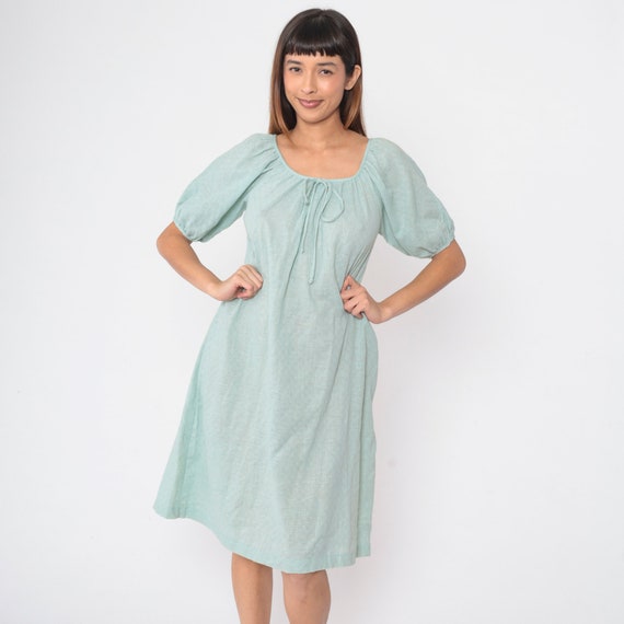 70s Peasant Dress Seafoam Lounge Midi Dress Bohemian Hippie Shift Semi-Sheer Woven Bow Neck Short Sleeve Vintage 1970s Boho Loungewear Small