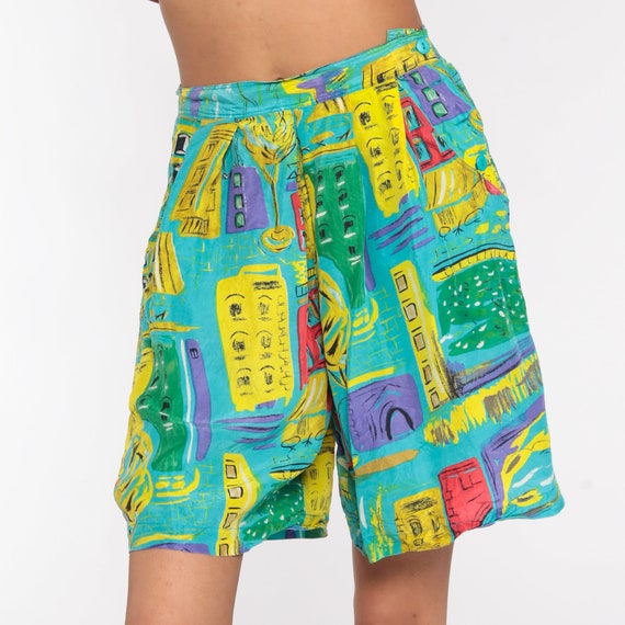90s Cityscape Shorts Bright Tropical Silk Shorts Wide Leg Shorts Baggy Vintage High Waist Bermuda Shorts 1990s Small
