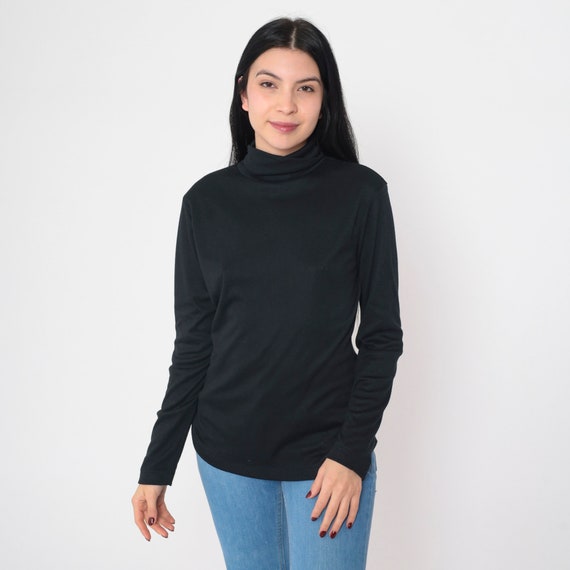 Black Turtleneck Shirt 70s Long Sleeve Top Basic Funnel Neck Simple Plain Blouse Mod Retro Layering T-Shirt Minimalist Vintage 1970s Large L