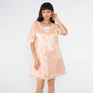 Vintage Pink Satin Lace Dress 80s Mini Party Dress 1980s Shift Floral Overlay Bridalcore Short Sleeve Cocktail Formal Medium M