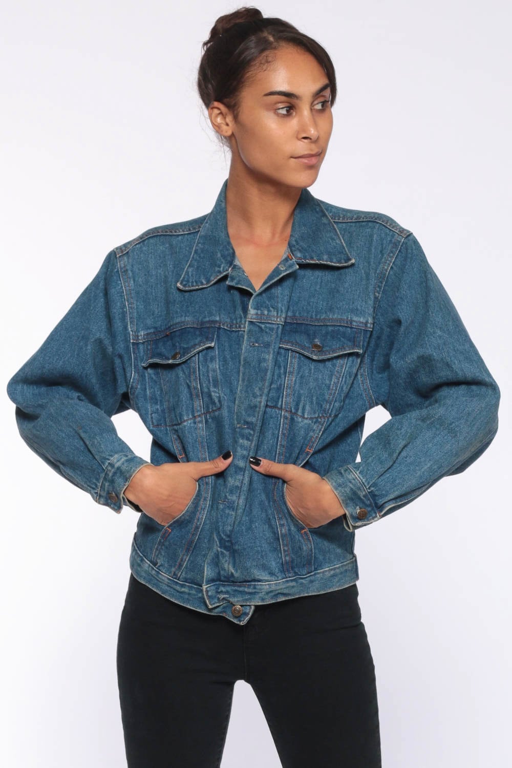 Blue Denim Jacket 90s Lee Jean Jacket Oversized 1990s Vintage Biker Grunge Button Up Trucker 