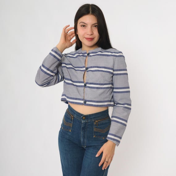 Striped Cropped Jacket Vintage 80s Navy Blue White Long Sleeve Mod Style Lightweight Boxy Fit Minimalist Retro Top Size Labelled 10