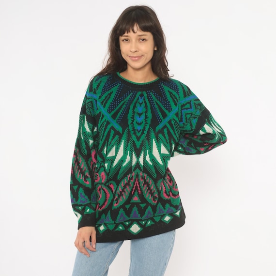 80s Knit Sweater Geometric Green Black Blue Pink Floral Abstract Jacquard Crewneck Pullover Relaxed Fit Colorful Winter Extra Large XL