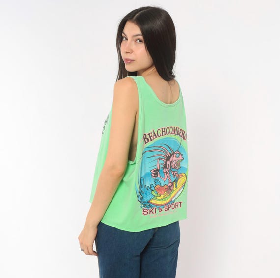 90s Neon Green Tank Top Graphic Fish Jet Ski Print Cropped Shirt Lake Havasu Arizona Souvenir Vacation Cotton Vacation Mint Tee Large L