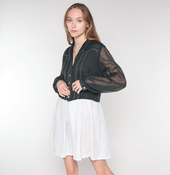 70s Shirtwaist Dress Black White Mini Dress Pleated B - Gem