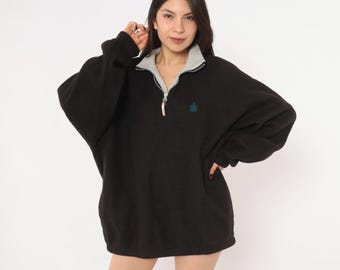 90s Black Fleece Jacket Half Zip Collar Long Sleeve Ribbed Cuff Gorpcore Grandpa Sweater Outdoor Camping Warm Winter Vintage Extra Large XL