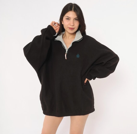 90s Black Fleece Jacket Half Zip Collar Long Sleeve Ribbed Cuff Gorpcore Grandpa Sweater Outdoor Camping Warm Winter Vintage Extra Large XL